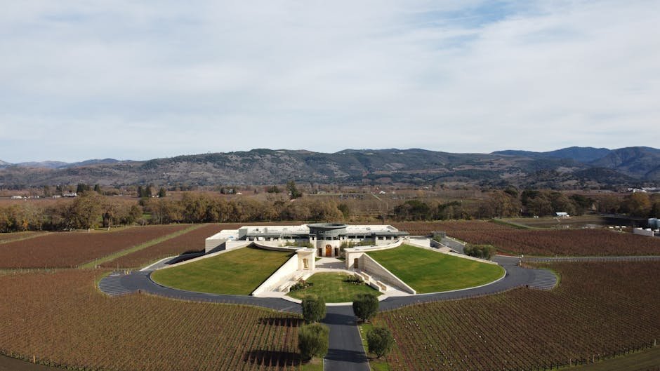 Stunning aerial view of Opus One Winery with vineyard landscape in Oakville, California.