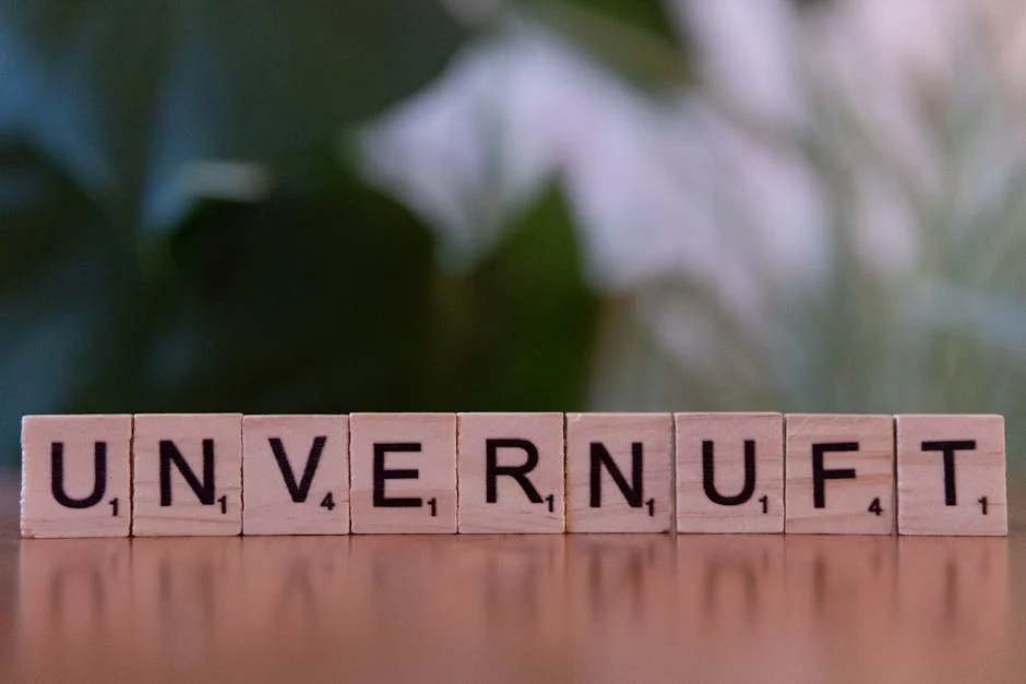 Close-up of wooden Scrabble tiles spelling 'UNVERNUFT' against a blurred background.