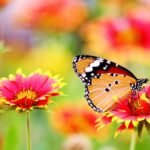 A close-up of a monarch butterfly perched on a vibrant Gaillardia flower in a blooming garden.