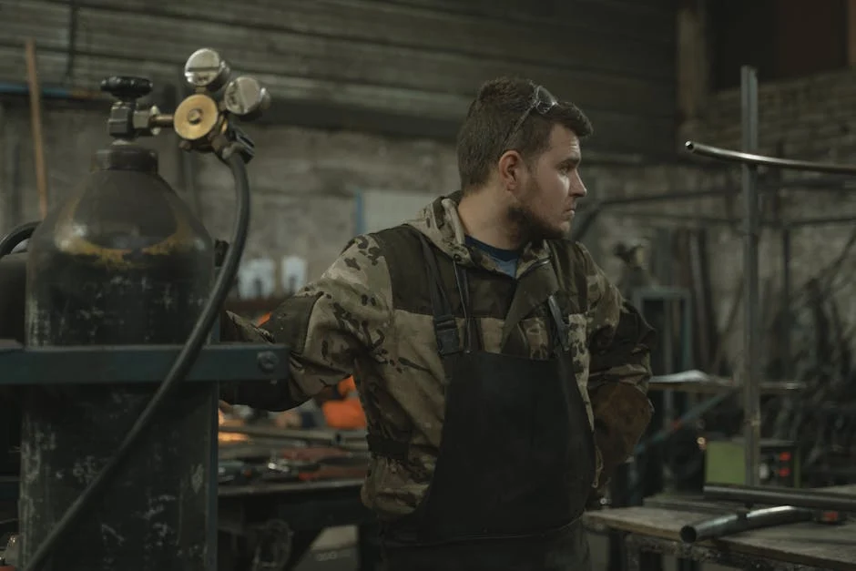 A blacksmith stands in his forge, surrounded by metalwork and tools, depicting traditional craftsmanship.