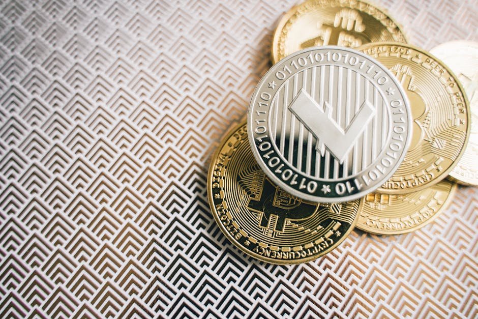 A detailed shot of Litecoin and Bitcoin coins on a geometric pattern background, highlighting digital currency.