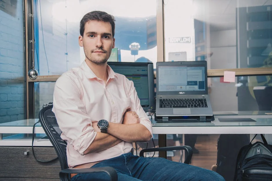 Calm male in casual clothes sitting at table with laptop with crossed arms looking at camera in modern workspace