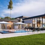 a modern house with a pool and lounge chairs